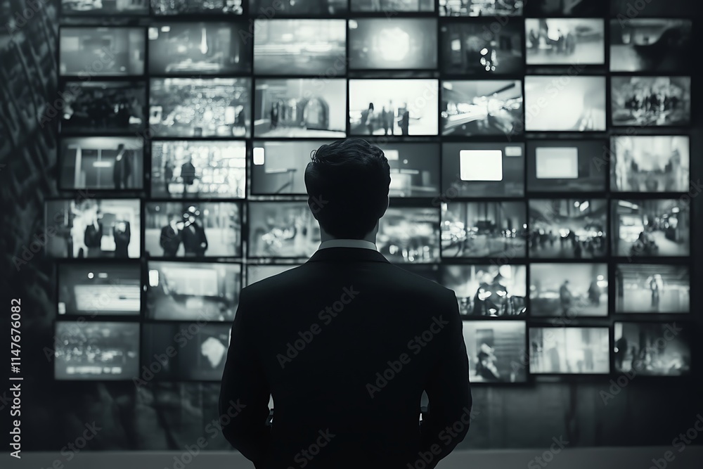 Man watching multiple screens, security, surveillance, monitoring concept Man watching multiple screens, security, surveillance, monitoring concept