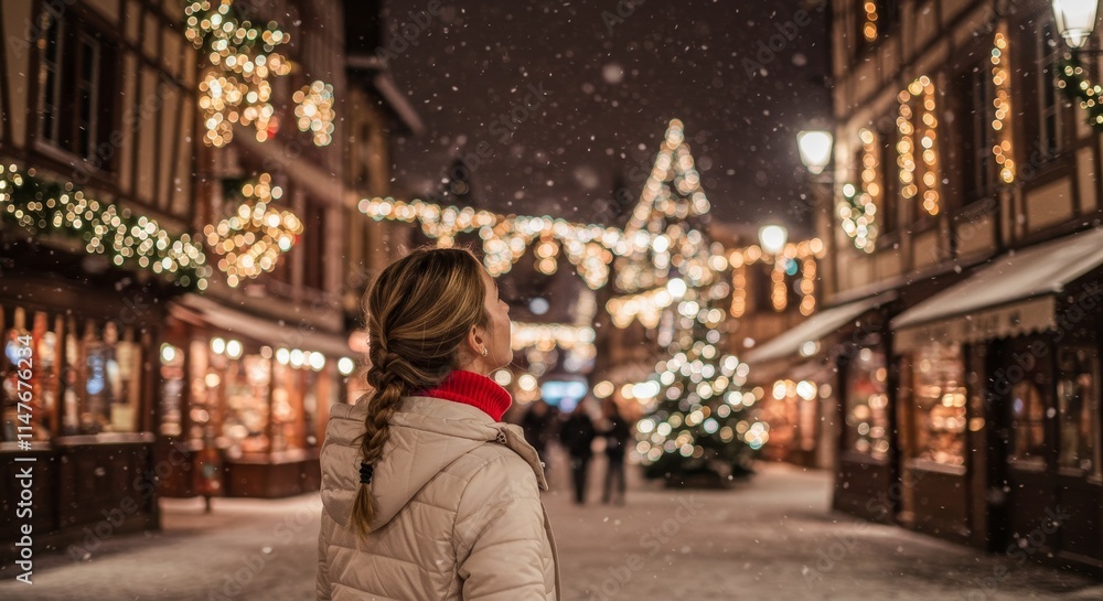 Obraz premium Happy gorgeous girl in winter clothes celebrating New Years with fireworks, having fun at New Year's Eve Party, AI Generative