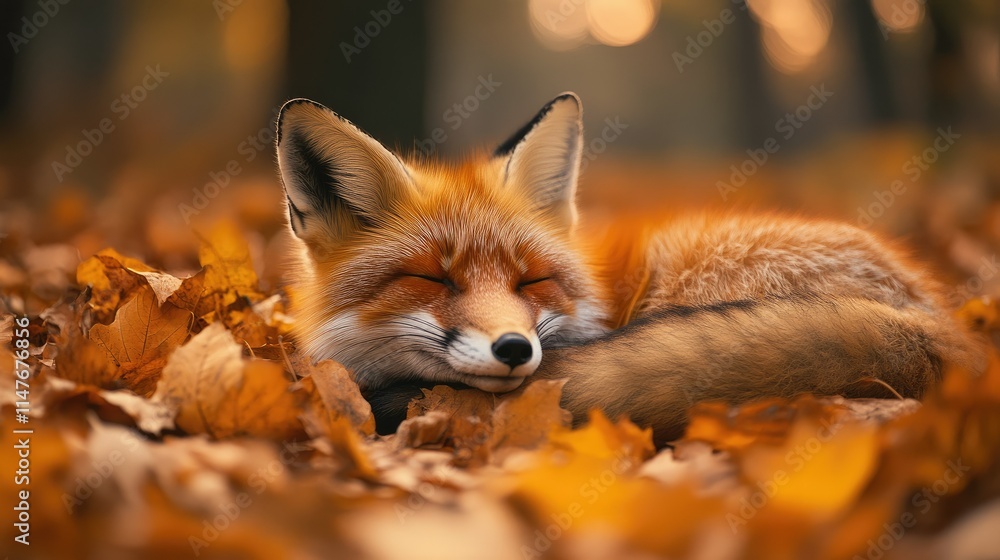 Obraz premium Sleepy fox resting amongst autumn leaves.