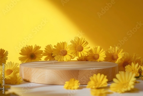 Wooden cut round podium pedestal. Ð¡osmetic beauty product presentation with yellow flowers  photo