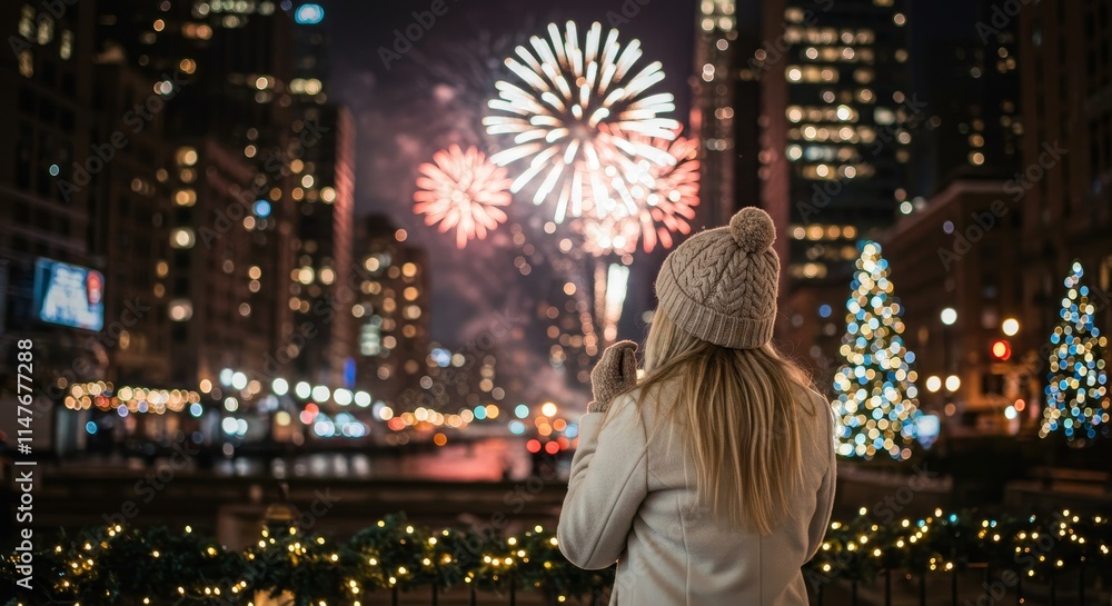 Happy gorgeous girl in winter clothes celebrating New Years with fireworks, having fun at New Year's Eve Party, AI Generative Happy gorgeous girl in winter clothes celebrating New Years with fireworks, having fun at New Year's Eve Party, AI Generative