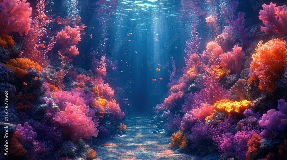 Naklejka premium Vibrant coral reef, colorful fish, sunlit ocean floor.