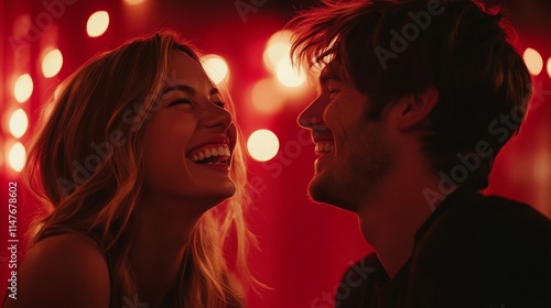 Happy Couple Laughing Together Romantic Red Lights