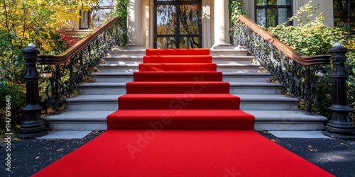 A vibrant red carpet beautifully enhances the steps of a historic structure, creating an inviting atmosphere for visitors at special events while showcasing the elegance of the red carpet.