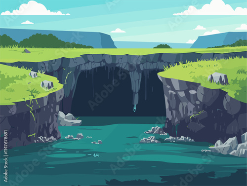 Animated Karst Landscapes: Vector Illustration of Flat Style Flat Style Landscape with Sinkholes, Caves, and Underground Drainage Systems