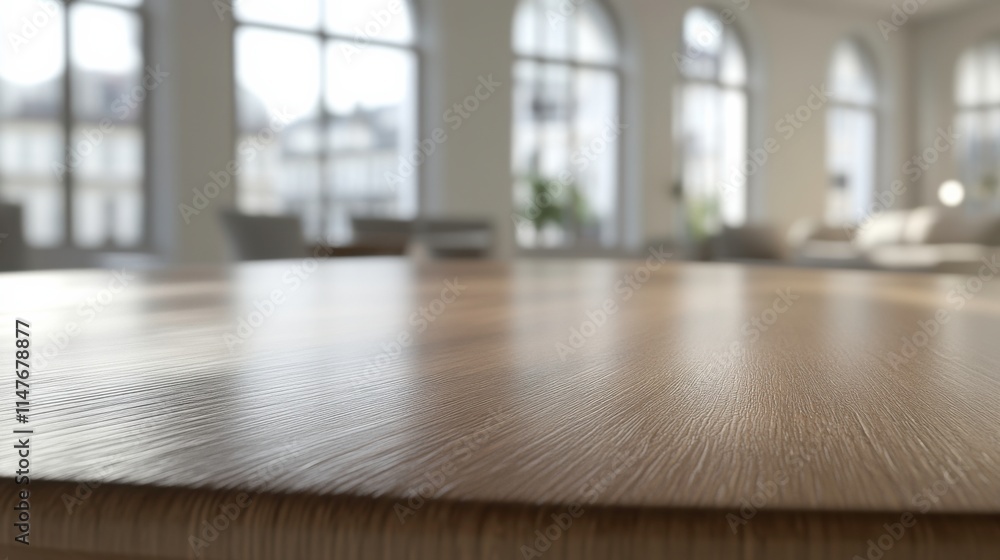 Sleek Wooden Table in Modern Kitchen with Sunlight Sleek Wooden Table in Modern Kitchen with Sunlight