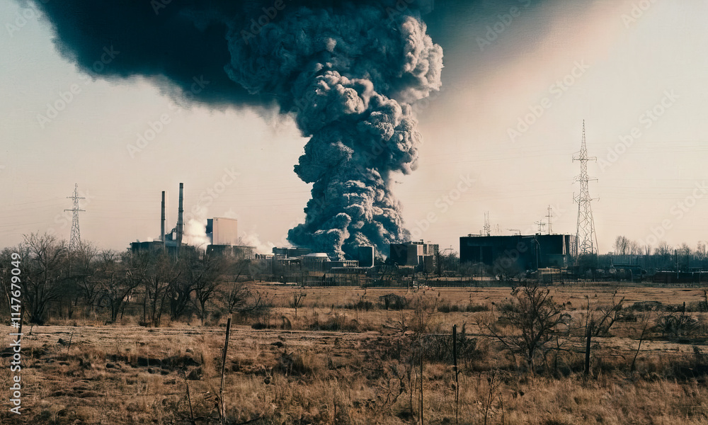 explosions and destruction in the city and in factories.Disaster illustration explosions and destruction in the city and in factories.Disaster illustration