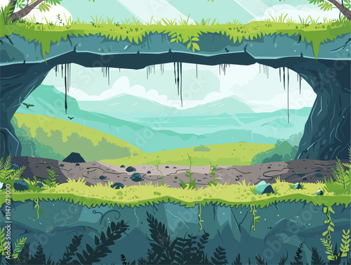 Animated Karst Landscape with Underground Rivers and Caves, Sinkholes, and Limestone Formations