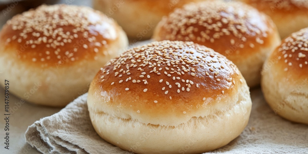 Freshly baked round white flour buns topped with sesame seeds create a delightful treat. These round white flour buns are perfect for any meal or snack, showcasing the goodness of sesame seeds. Freshly baked round white flour buns topped with sesame seeds create a delightful treat. These round white flour buns are perfect for any meal or snack, showcasing the goodness of sesame seeds.