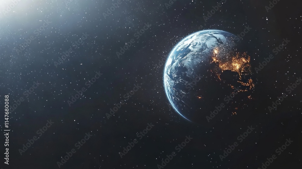 Obraz premium Earth from space, sun rays, night lights.