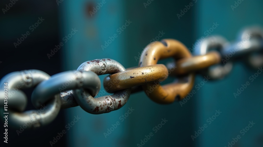 Close-Up of Metal Chain Highlighting a Single Unique Golden Link