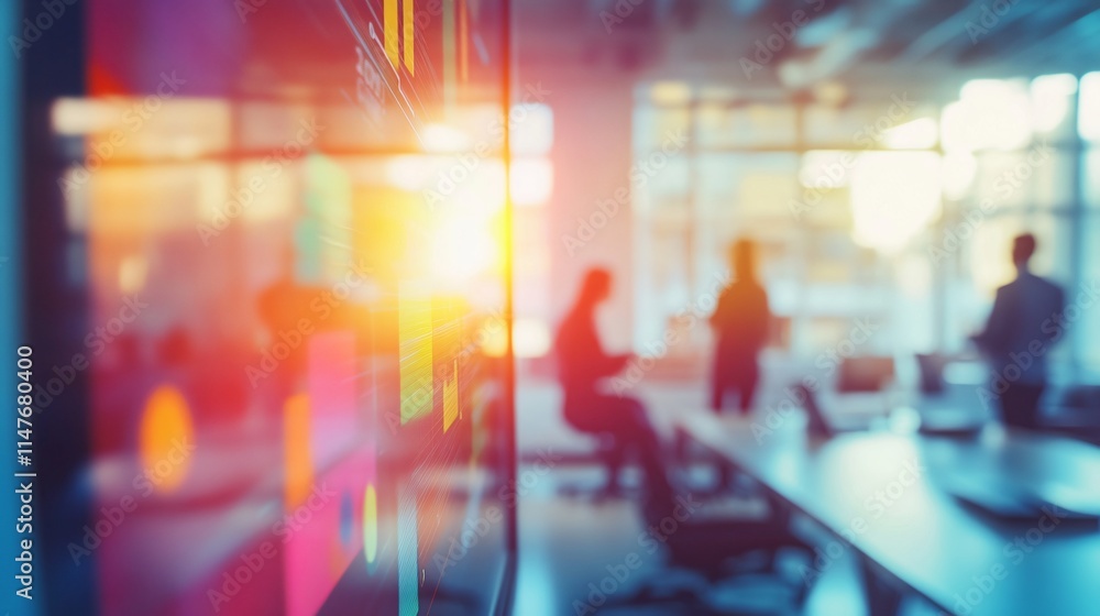 Modern Office Environment with Data Visualization Displaying Colorful Graphs and Silhouetted Professionals Collaborative Working Atmosphere Modern Office Environment with Data Visualization Displaying Colorful Graphs and Silhouetted Professionals Collaborative Working Atmosphere