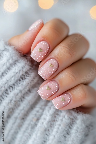 Wallpaper Mural Elegant Pink Valentine Nails: Sparkling Dots & Gold Heart Accents Torontodigital.ca