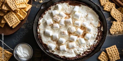 Delicious s mores dip made with large marshmallows, perfectly melted and served in a cast iron pan. This s mores dip is an irresistible treat for gatherings and celebrations. photo