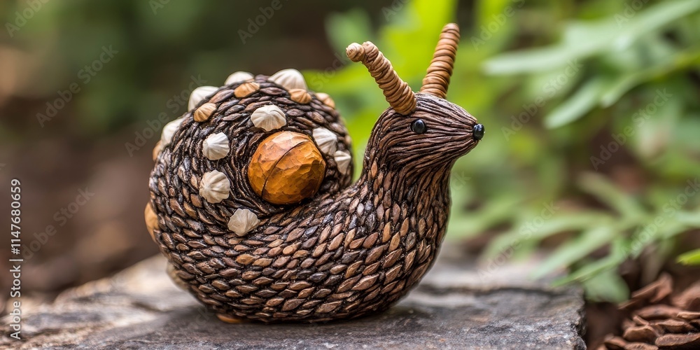 Creative small snail figure crafted from pine cone and acorn materials, featuring paper accents. This small snail figure highlights imaginative use of natural elements for charming decor. Creative small snail figure crafted from pine cone and acorn materials, featuring paper accents. This small snail figure highlights imaginative use of natural elements for charming decor.