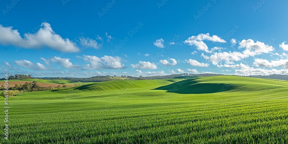 Obraz premium Vibrant green fields and a bright blue sky create stunning rural landscapes. Experience the beauty of green fields and blue sky in this picturesque rural setting.