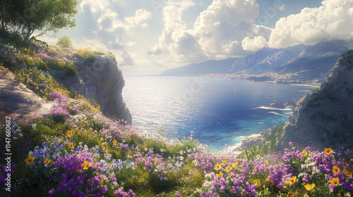 cliff covered in wildflowers overlooks tranquil ocean view