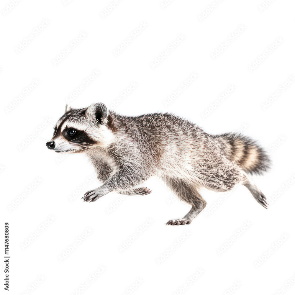 Fototapeta premium Playful Raccoon in Motion Captures the Essence of Nature's Cunning and Curious Wildlife, Showcasing the Adorable Features of This Iconic Forest Dweller