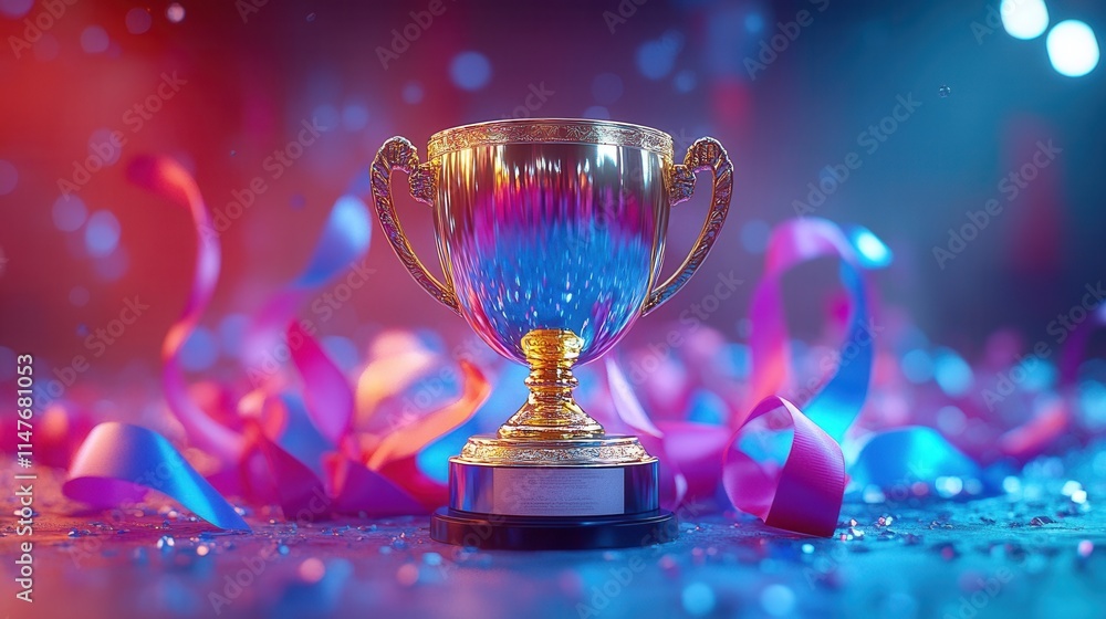 A shiny trophy surrounded by colorful ribbons and confetti, symbolizing achievement and celebration. A shiny trophy surrounded by colorful ribbons and confetti, symbolizing achievement and celebration.