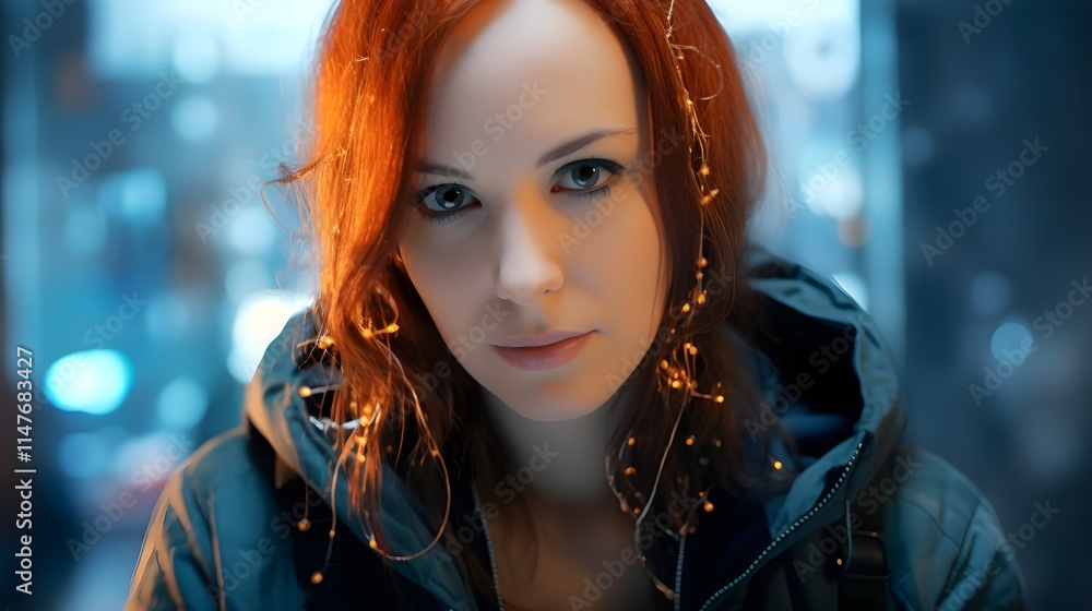 woman with red hair in a moody urban setting woman with red hair in a moody urban setting
