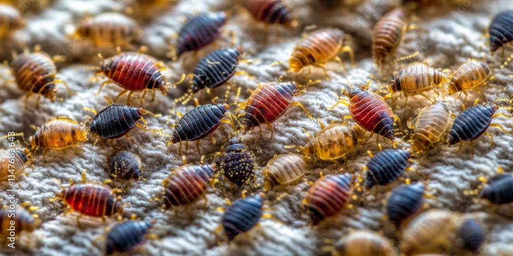 Macro view of a bedbugs colony on mattress fabric. This image depicts blood sucking insects including adult bedbugs, larvae, and eggs, showcasing the traces of their vital activity. Macro view of a bedbugs colony on mattress fabric. This image depicts blood sucking insects including adult bedbugs, larvae, and eggs, showcasing the traces of their vital activity.