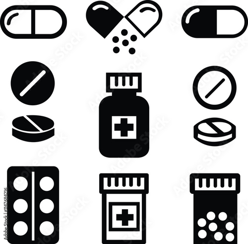 Medical Pill icon set.pharmaceutical and medication symbol. Isolated vector image in simple style.Medicine drugs pills capsule black icon vector illustration.Pills Medical drugs Icon