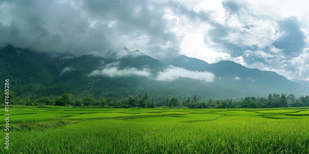 Obraz premium Lush green terrace rice fields showcase stunning layers, with mountains shrouded in fog and clouds, creating an enchanting atmosphere for any green terrace rice field enthusiast.
