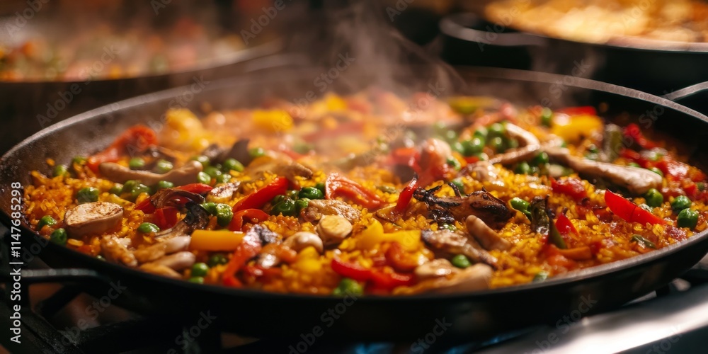 Close up view of a vibrant paella, showcasing the rich colors and ingredients of this iconic dish. Experience the enticing details of paella as it brings a burst of flavor to the table. Close up view of a vibrant paella, showcasing the rich colors and ingredients of this iconic dish. Experience the enticing details of paella as it brings a burst of flavor to the table.