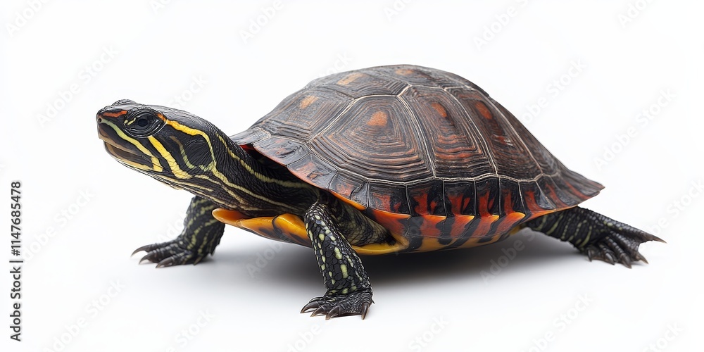 Obraz premium Pond slider displayed in solitude against a clean white background, showcasing the unique features and colors of this vibrant pond slider species for a captivating visual experience.