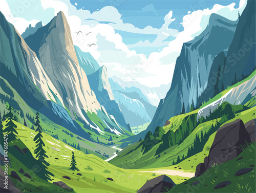 Glacial Valleys Etched into Mountains: A Vector Illustration of U-Shaped Valleys Formed by Erosion