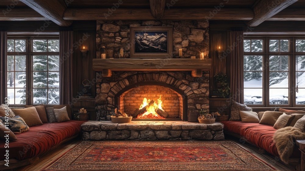 Fototapeta premium Cozy cabin, stone fireplace, winter scene.