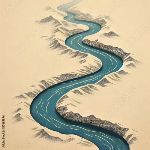 River Flow A single winding blue line flowing across a textured
