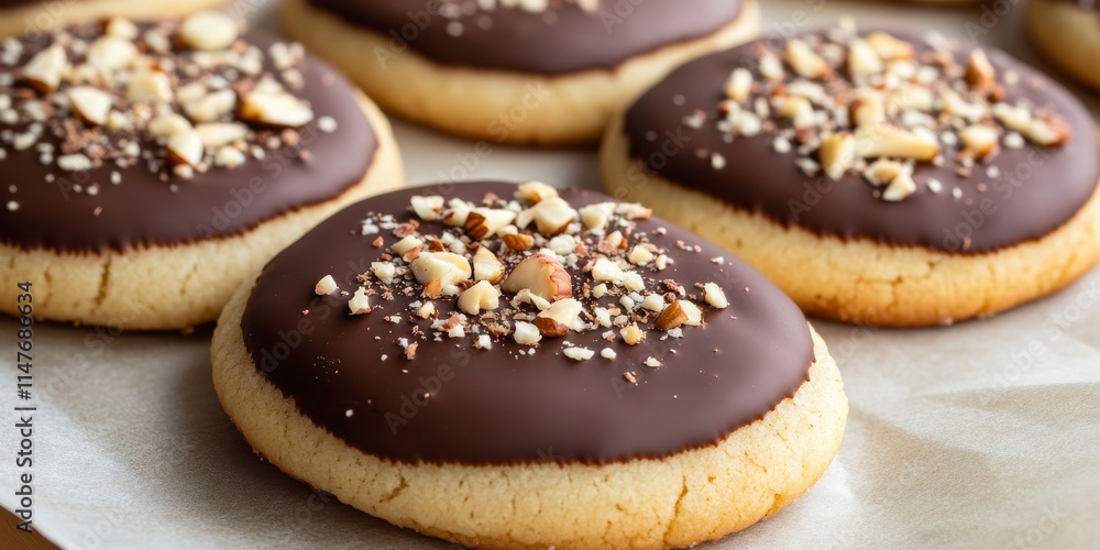 Creating delicious cutout sugar cookies, partially dipped in chocolate and sprinkled with hazelnut pieces, resting on parchment paper, showcases the delightful play of sugar cookie flavors. Creating delicious cutout sugar cookies, partially dipped in chocolate and sprinkled with hazelnut pieces, resting on parchment paper, showcases the delightful play of sugar cookie flavors.