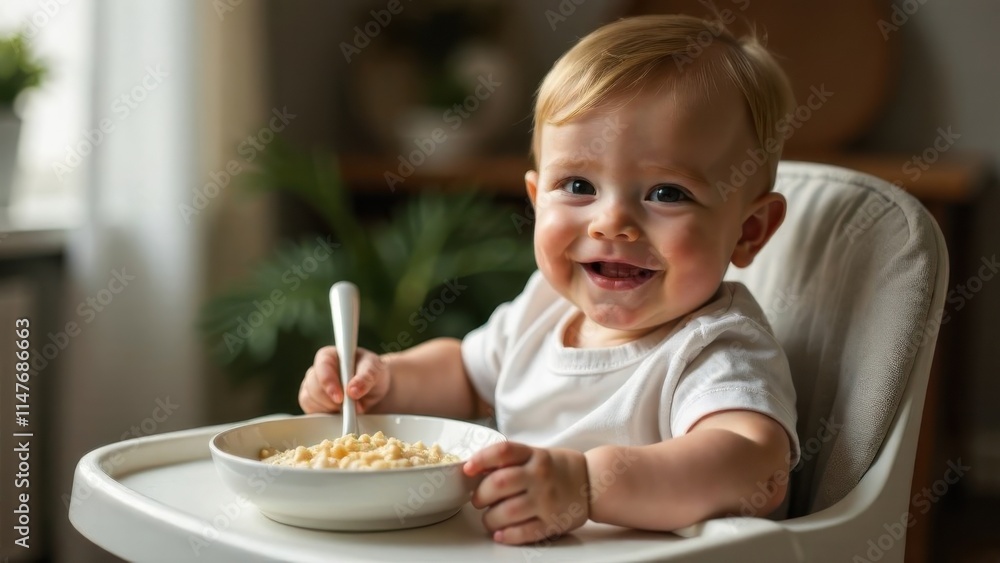 Smiling baby enjoying a meal in a bright, cozy room during afternoon light Smiling baby enjoying a meal in a bright, cozy room during afternoon light