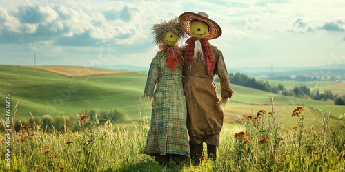 Charming scarecrow couple standing together in a lush green field, embodying the essence of rural life. This scarecrow couple adds character to the vibrant landscape of the green field. photo