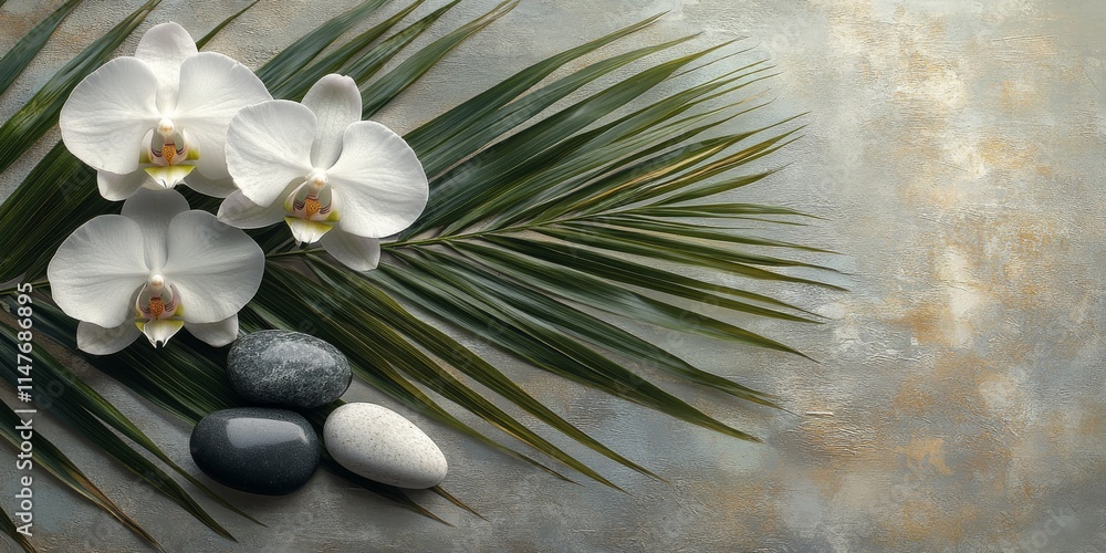 Fototapeta premium Branch of orchid with zen stones artfully placed on a textured palm leaf creates a serene atmosphere. The orchid and zen stones complement the natural beauty of the palm leaf surface.