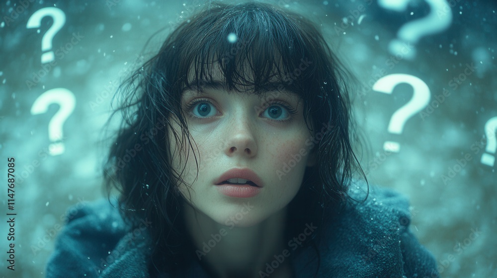 A young woman gazes upward with a thoughtful expression, surrounded by falling snow and floating question marks. A young woman gazes upward with a thoughtful expression, surrounded by falling snow and floating question marks.