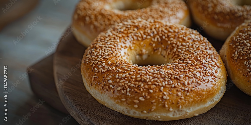 Close up of a delicious Turkish bagel, known as simit, showcasing its golden brown crust and sesame topping, making it an irresistible ready to eat treat perfect for any occasion. Close up of a delicious Turkish bagel, known as simit, showcasing its golden brown crust and sesame topping, making it an irresistible ready to eat treat perfect for any occasion.