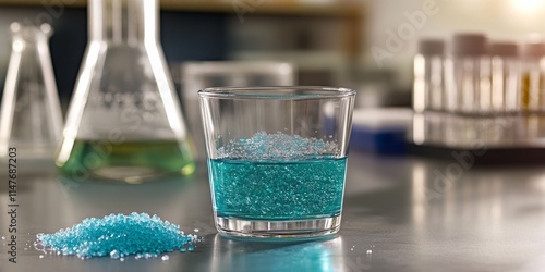 Ferrous sulfate displayed in a watch glass alongside Iron II sulfate solution in a beaker. This close up image of ferrous sulfate captures essential chemical ingredients on a laboratory table.