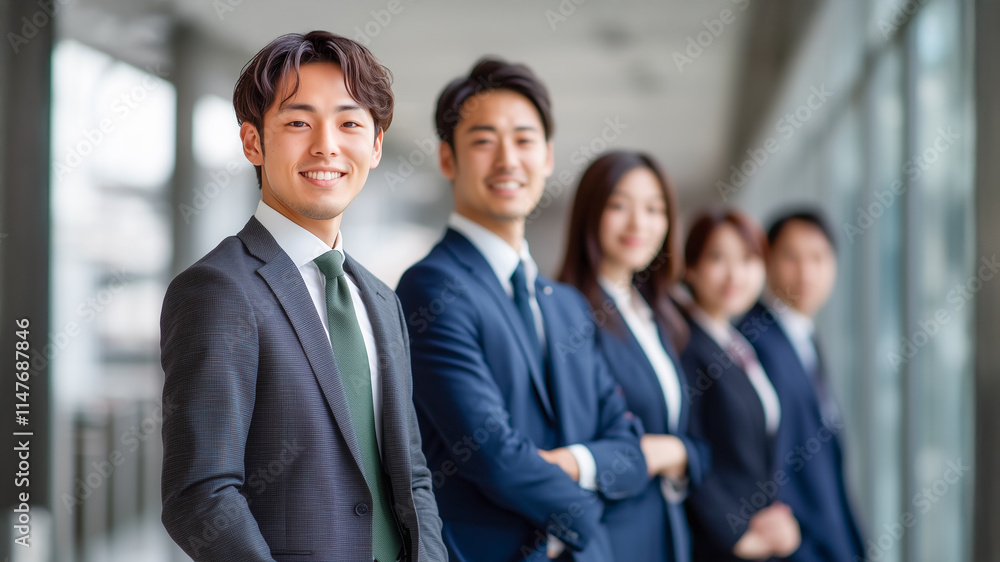 Corporate leadership concept with a smiling executive in focus Corporate leadership concept with a smiling executive in focus