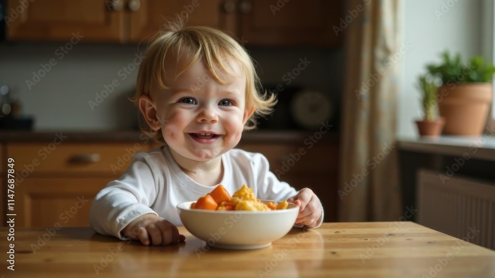 Happy toddler enjoying a bowl of fresh fruit at a cozy kitchen table in daylight Happy toddler enjoying a bowl of fresh fruit at a cozy kitchen table in daylight