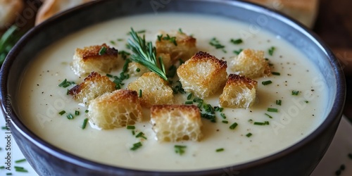 Creamy garlic soup that s easy to make, featuring a delightful topping of crispy croutons and fresh chives for added flavor. Enjoy this creamy garlic soup for a comforting meal. photo