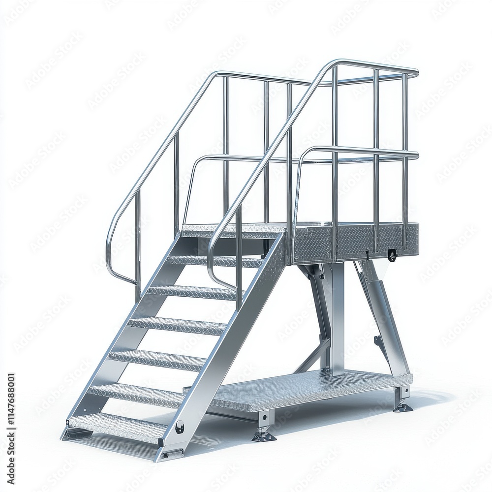 A sturdy metal stairway with safety rails and a wide landing, ideal for industrial use. A sturdy metal stairway with safety rails and a wide landing, ideal for industrial use.