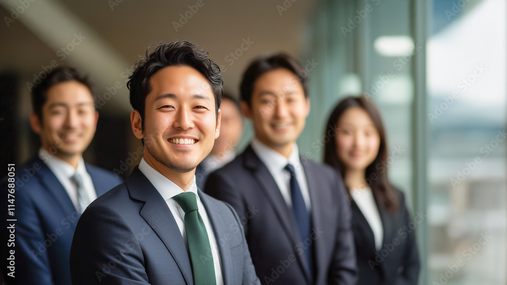 Corporate leadership concept with a smiling executive in focus Corporate leadership concept with a smiling executive in focus