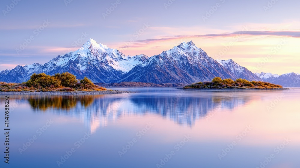 Serene sunrise over snow-capped mountains reflected in calm lake. Serene sunrise over snow-capped mountains reflected in calm lake.