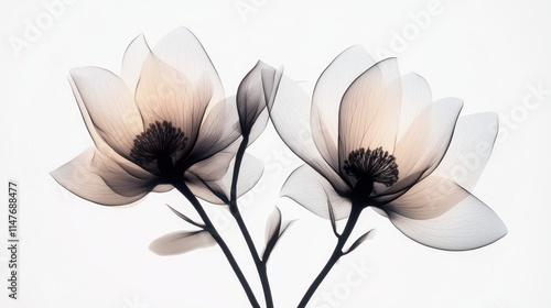 X-ray image of two magnolia blossoms on a branch against a white background.