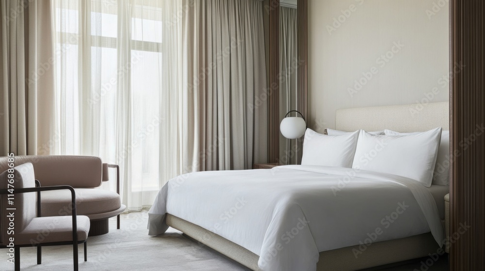 Fototapeta premium Minimalist modern guest room with refined, clean decor. Featuring soft hues and sleek lines