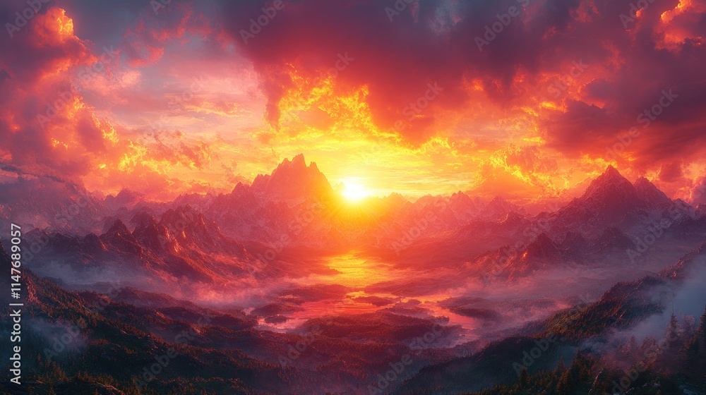 Fototapeta premium Fiery sunset over majestic, volcanic mountains.