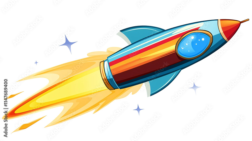 A sleek, futuristic cartoon spaceship flying through space with a white background A sleek, futuristic cartoon spaceship flying through space with a white background