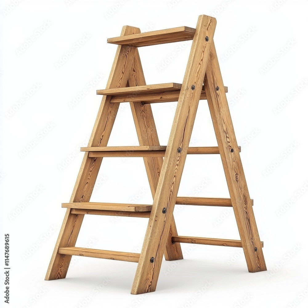 A rustic wooden ladder with five steps, showcasing natural grain and craftsmanship. A rustic wooden ladder with five steps, showcasing natural grain and craftsmanship.